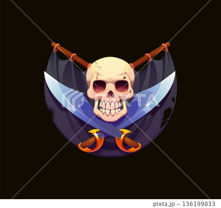 Game asset of pirate skull with crossed sabers and black ship sails. Cartoon vector pirate heraldry icon, heraldic emblem with grinning jolly Roger skull and crossed swords, evokes high seas adventure Game asset of pirate skull with crossed sabers and black ship sails. Cartoon vector pirate heraldry icon, heraldic emblem with grinning jolly Roger skull and crossed swords, evokes high seas adventure 136199833