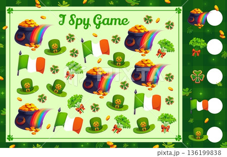 I spy game worksheet with st Patrick day characters. Vector kids educational riddle activity featuring festive elements like pot of gold, rainbow, leprechaun hat, shamrock, Irish flag and gold coins I spy game worksheet with st Patrick day characters. Vector kids educational riddle activity featuring festive elements like pot of gold, rainbow, leprechaun hat, shamrock, Irish flag and gold coins 136199838