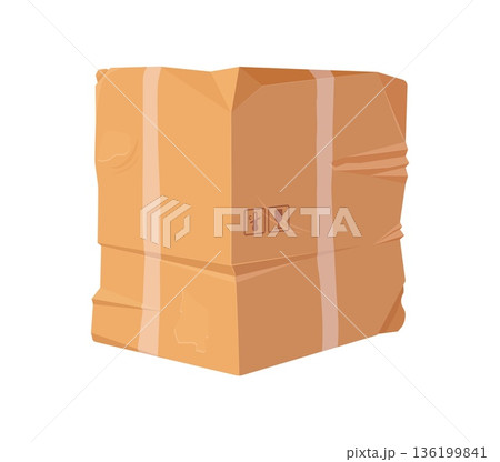 Crumpled and damaged cargo delivery box or broken ripped parcel cardboard package, vector icon. Delivery box deformed and broken, crushed and crumpled parcel package with fragile goods signs 136199841