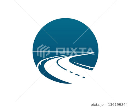 Highway asphalt road icon or route way and pathway symbol, vector minimal design. Road icon for travel or transport company corporate emblem, highway path or drive street, and roadway lane on horizon 136199844