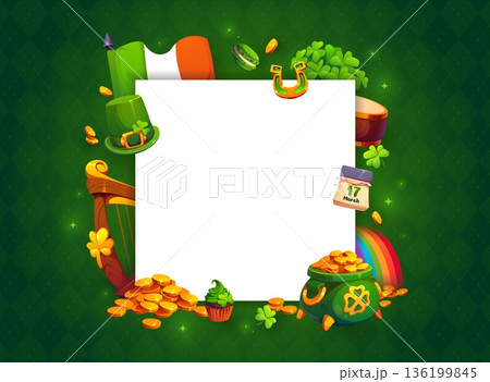 Happy st Patrick day banner. Cartoon vector square holiday frame surrounded by lucky horseshoe, gold coins, shamrocks, pot of gold, irish flag, calendar, leprechaun hat, a harp and a festive cupcake Happy st Patrick day banner. Cartoon vector square holiday frame surrounded by lucky horseshoe, gold coins, shamrocks, pot of gold, irish flag, calendar, leprechaun hat, a harp and a festive cupcake 136199845