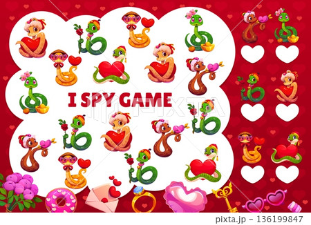 I spy game worksheet with Valentine day snakes. Vector kids riddle educational learning activity puzzle featuring adorable cartoon reptiles in romantic poses and outfits, surrounded by heart and gifts 136199847