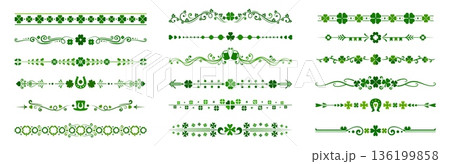 Green Irish shamrock clover divider borders for St Patrick day holiday, vector decorations. Saint Patrick frame borders and dividers with shamrock trefoil clover, green ale beer mugs and horseshoe 136199858