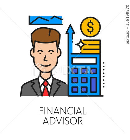 Investment financial advisor, business color line icon or symbol. Financial advisor vector pictogram, investment icon. Capital management company sign with businessman character, coins and calculator Investment financial advisor, business color line icon or symbol. Financial advisor vector pictogram, investment icon. Capital management company sign with businessman character, coins and calculator 136199870