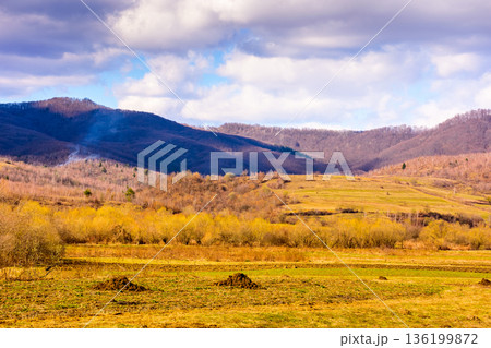 early spring rural landscape in carpathian mountains. beautiful view of countryside scenery with field on a sunny day in march. carbon neutrality and csr visual. esg report greenhouse gas reduction 136199872