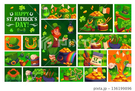 Happy St Patrick Day holiday collage with leprechaun and shamrock clovers, vector posters. Irish bagpipe with lucky horseshoe, leprechaun gold pot with rainbow and green ale for Saint Patrick greeting 136199896