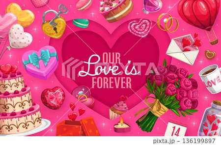 Our love is forever Valentine day quote paper cut greeting card with a bold pink heart shaped frame, surrounded by love elements like rings, flowers, gifts, cakes, letters and romantic typography 136199897