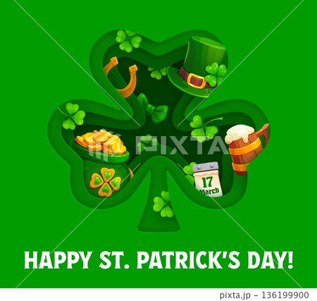 Paper cut happy St Patrick's day banner. Saint Patrick day party vector banner, Irish folk celebration greeting card with papercut shamrock clover leaf, top hat, cauldron with gold and beer tankard 136199900