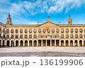 Wide view of Spain square in Vitoria-Gasteiz, featuring neoclassical arcaded facades, balconies and 136199906
