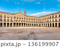 Wide view of Spain square in Vitoria-Gasteiz, featuring neoclassical arcaded facades, balconies and 136199907