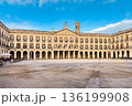 Wide view of Spain square in Vitoria-Gasteiz, featuring neoclassical arcaded facades, balconies and 136199908