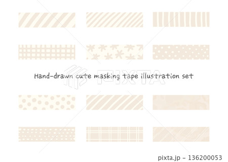 ベージュ色の手描き風でかわいいマスキングテープのベクターイラストセッ 136200053