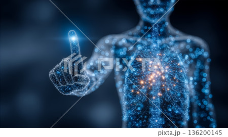 Human figure made of glowing particles reaches with finger toward bright light. High-tech design illustrates connection between technology and health. 136200145