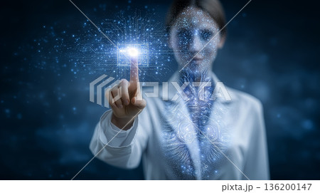 Woman touching bright digital interface with intricate designs. Modern lab environment with dark background. Concept of technology, innovation, digital solutions. 136200147