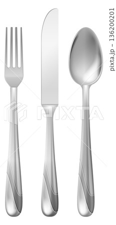 A silver fork, knife, and spoon are shown in a close up 136200201