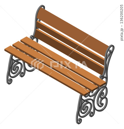 A wooden bench with a metal frame and a spiral design A wooden bench with a metal frame and a spiral design 136200205