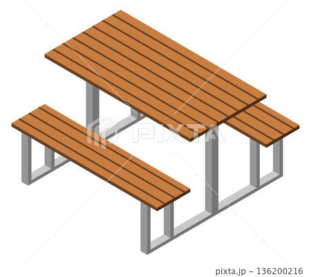 A wooden picnic table with two benches and a metal frame 136200216