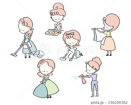 家事をするピンク髪のかわいい主婦のイラストセット 家事をするピンク髪のかわいい主婦のイラストセット 136200362