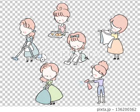 Illustration set of a cute housewife with pink hair doing housework Illustration set of a cute housewife with pink hair doing housework 136200362