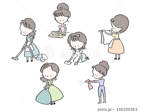家事をする黒髪のかわいい主婦のイラストセット 136200363