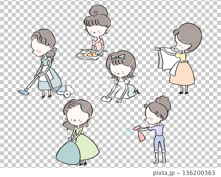 Illustration set of a cute housewife with black hair doing housework Illustration set of a cute housewife with black hair doing housework 136200363