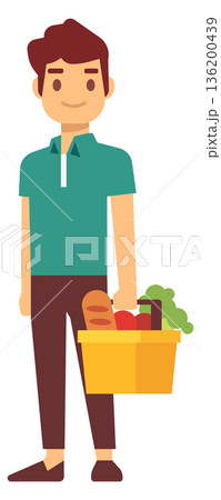 A man is holding a basket full of vegetables and fruits A man is holding a basket full of vegetables and fruits 136200439