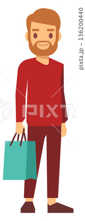 A man in a red shirt is holding a green bag A man in a red shirt is holding a green bag 136200440