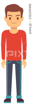 A cartoon man in a red shirt and blue jeans is standing with his arms crossed A cartoon man in a red shirt and blue jeans is standing with his arms crossed 136200466