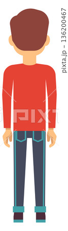 A man in a red shirt and blue jeans is standing in front of a white background 136200467