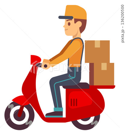 A man in a yellow shirt is riding a red scooter A man in a yellow shirt is riding a red scooter 136200500