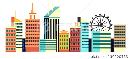 A city skyline with a large Ferris wheel in the middle A city skyline with a large Ferris wheel in the middle 136200558