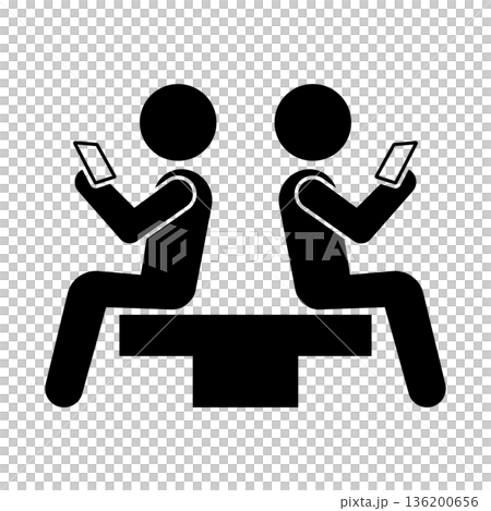 ベンチに座ってスマホを見ている人々のシルエットアイコン ベンチに座ってスマホを見ている人々のシルエットアイコン 136200656