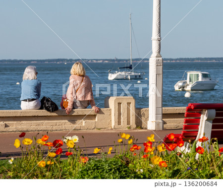 Back view of senior woman sitting on a bench at the beach 136200684