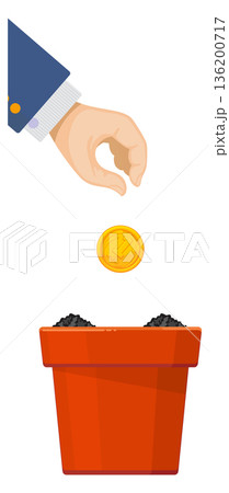 A hand is reaching into a red pot to put a coin in it 136200717