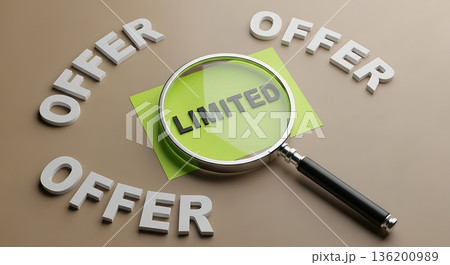 Magnifying glass highlighting the word limited with surrounding offer text. Special promotion and exclusive deal concept for marketing. Magnifying glass highlighting the word limited with surrounding offer text. Special promotion and exclusive deal concept for marketing. 136200989