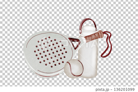 Paddle tennis racket, bottle and ball watercolor illustration. Clip art of sports equipment. Racket backpack. Ideal for brochures, banners, and booklets for squash or badminton. 136201099