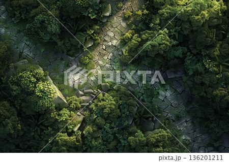 Forest battlemap for DND features dense greenery and broken path. Great for fantasy games, it offers a misty forest backdrop for epic tales. Forest battlemap for DND features dense greenery and broken path. Great for fantasy games, it offers a misty forest backdrop for epic tales. 136201211