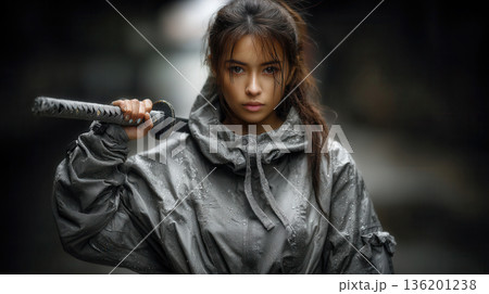young Asian girl holding katana sword 136201238