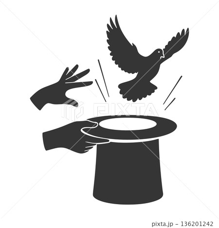 シルクハットから鳩が飛び出すマジックのシルエットアイコン 136201242