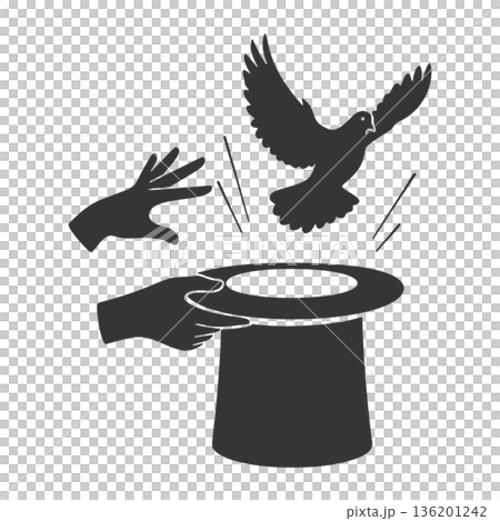 シルクハットから鳩が飛び出すマジックのシルエットアイコン 136201242