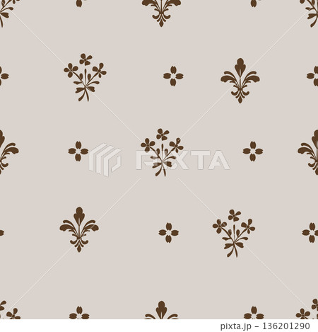 Elegant seamless pattern with brown floral motifs on beige. Perfect for luxury packaging, wedding stationery, textiles, and vintage home decor. Elegant seamless pattern with brown floral motifs on beige. Perfect for luxury packaging, wedding stationery, textiles, and vintage home decor. 136201290