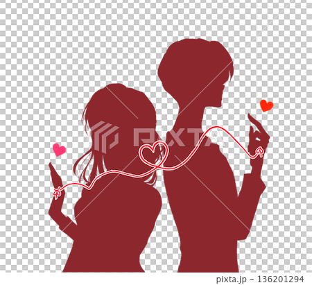 運命の赤い糸で結ばれた背中合わせの男女　シルエット 136201294