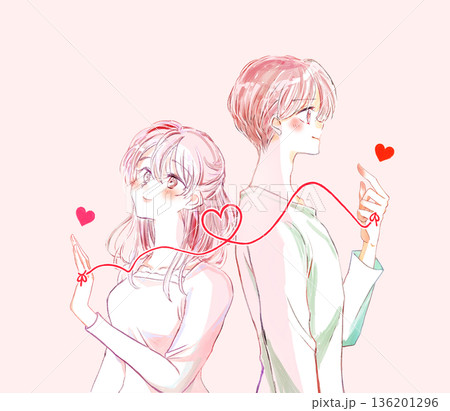 運命の赤い糸で結ばれた背中合わせの男女　ポジティブ 136201296