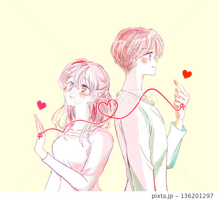 運命の赤い糸で結ばれた背中合わせの男女 ポジティブ 運命の赤い糸で結ばれた背中合わせの男女 ポジティブ 136201297