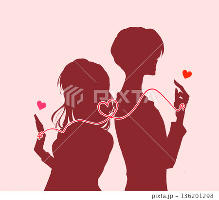 運命の赤い糸で結ばれた背中合わせの男女　シルエット 136201298
