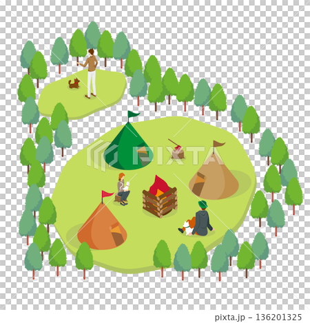 等距視角露營地插圖（營火、帳篷、戶外） 136201325