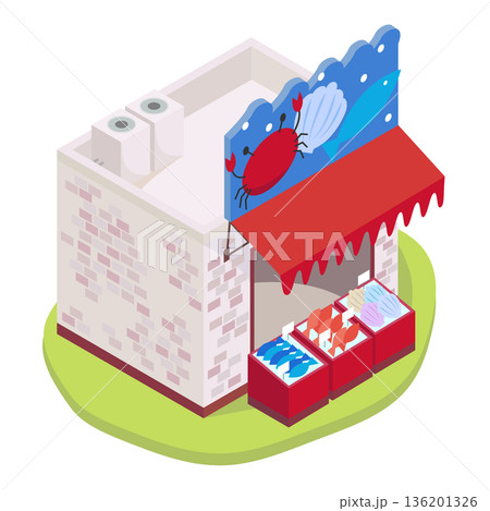 アイソメトリックな海鮮市場のイラスト（魚屋・物産店・観光） 136201326