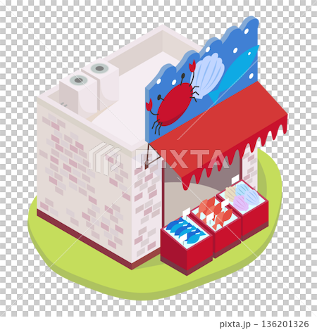 アイソメトリックな海鮮市場のイラスト（魚屋・物産店・観光） 136201326