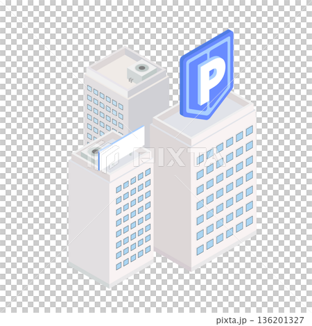 辦公大樓和停車場等距視圖（城市和城市發展） 136201327