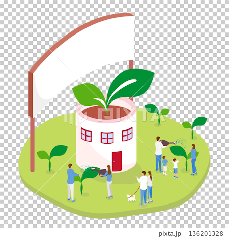 環保房屋的等距插圖（綠化、生態、養護） 136201328